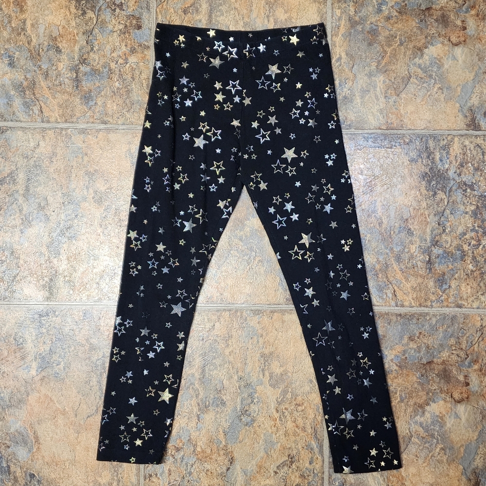 WONDER NATION Girls Stretch Leggings Black With Shiny Silver & Gold Stars Sz Lg